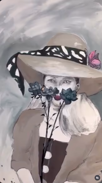 Woman with Hat — Acrylic and ink on canvas, 100 × 100 cm